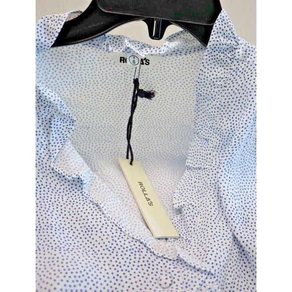 Rolla's 12963 Women's Sz S French Blue Mini Spot Ruffled Button Up Lily Blouse - Picture 4 of 11